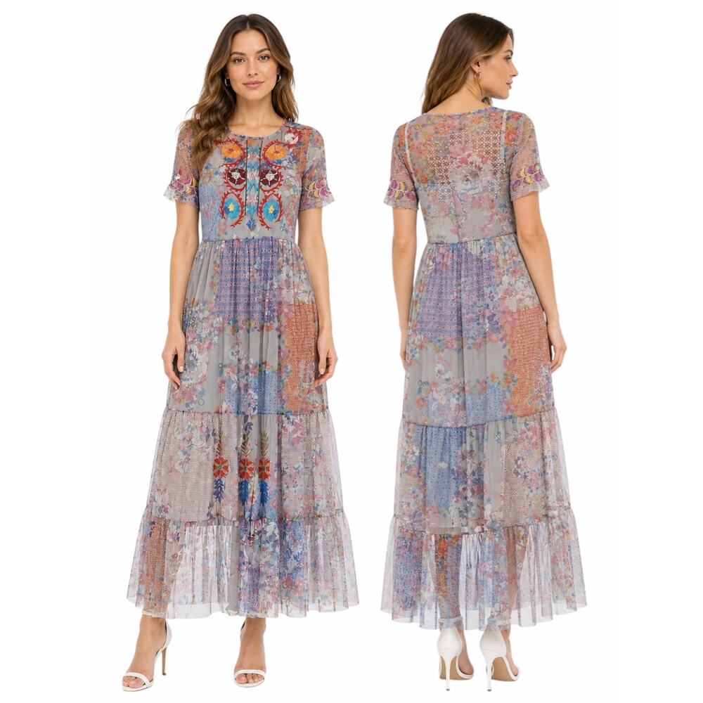 Johnny Was BIYA Kandence Tiered Mesh Dress Floral Embroidery Size M - Picture 2 of 13